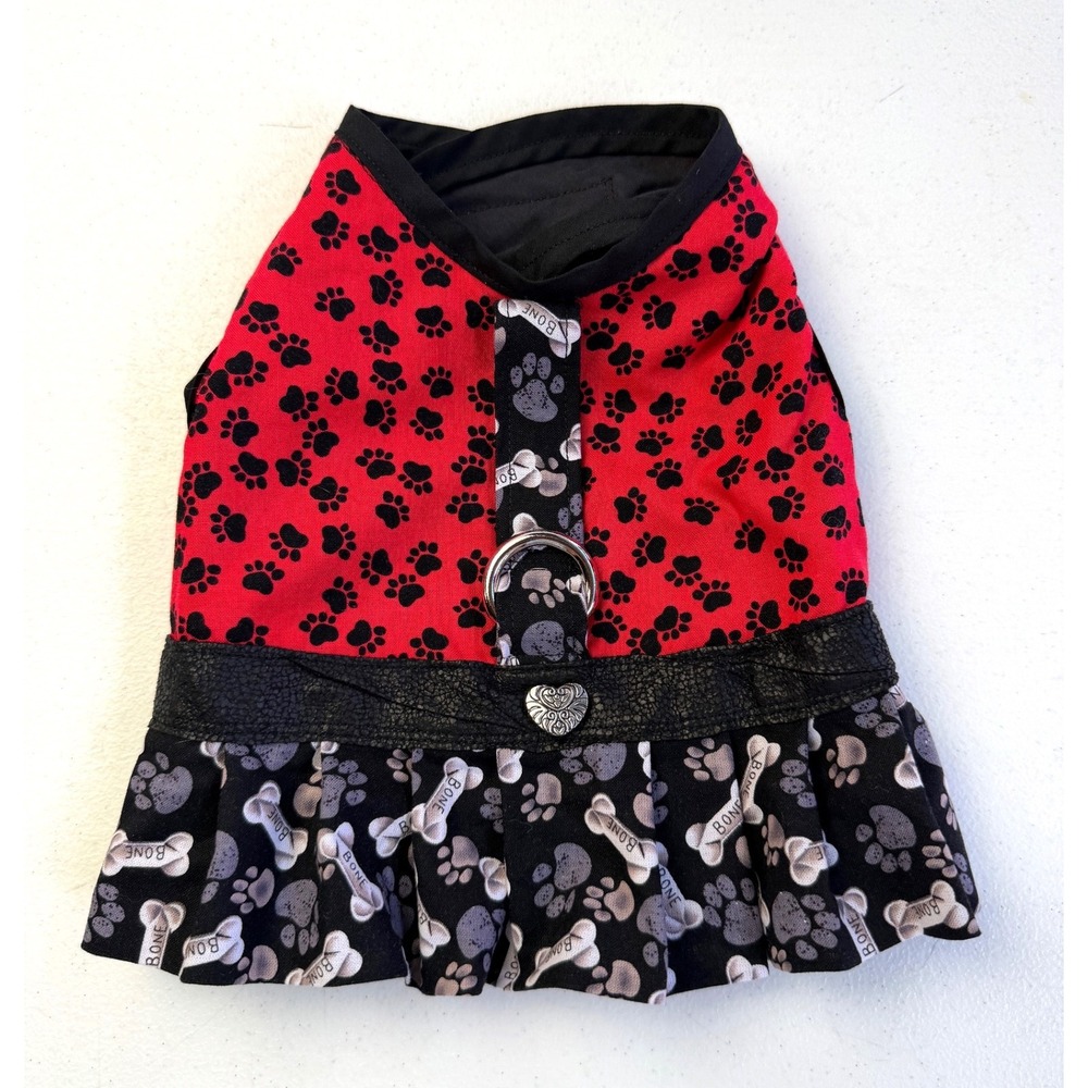 Dog Harness Dress Small Red Black Paw Print Bone Heart D-Ring Pet Vest Clothing